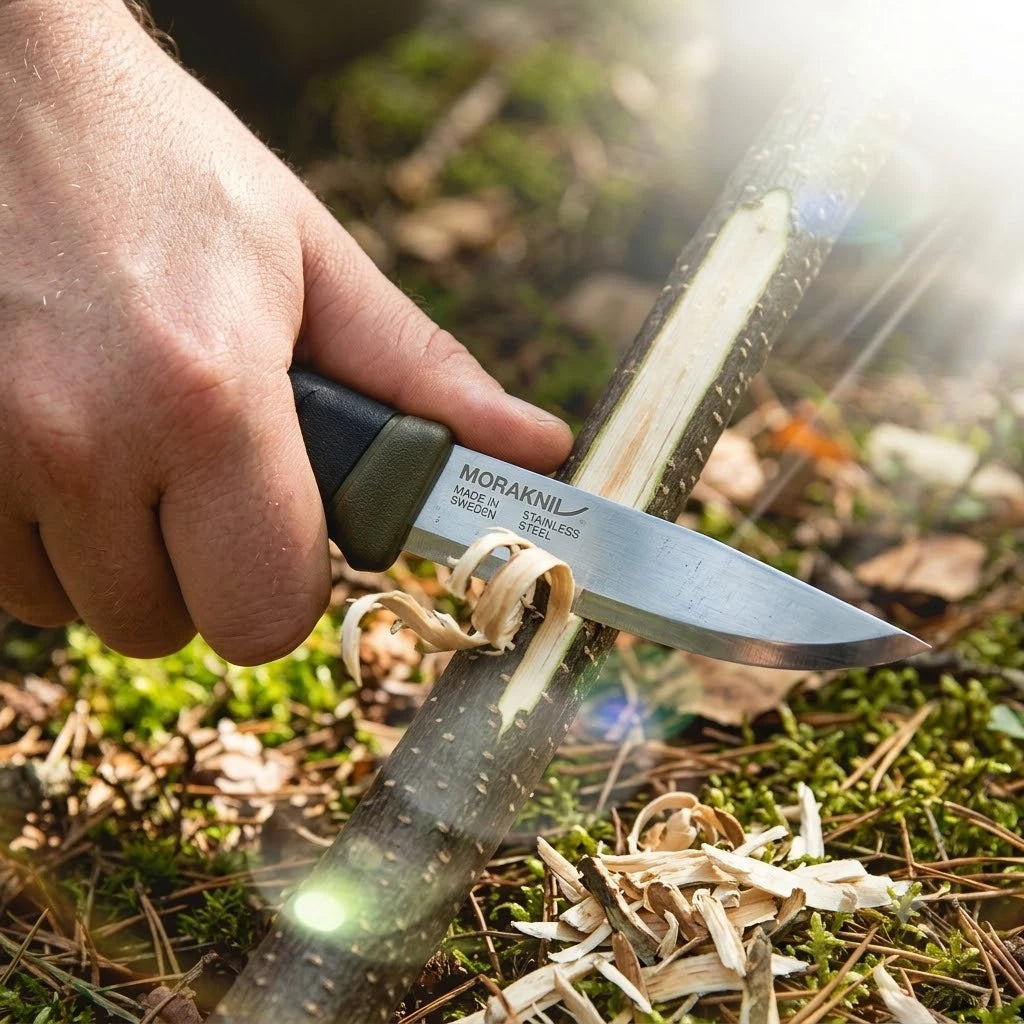 Peilis Morakniv Companion MG pjaustantis medžio šaką ir darantis drožles | TaktikaPro