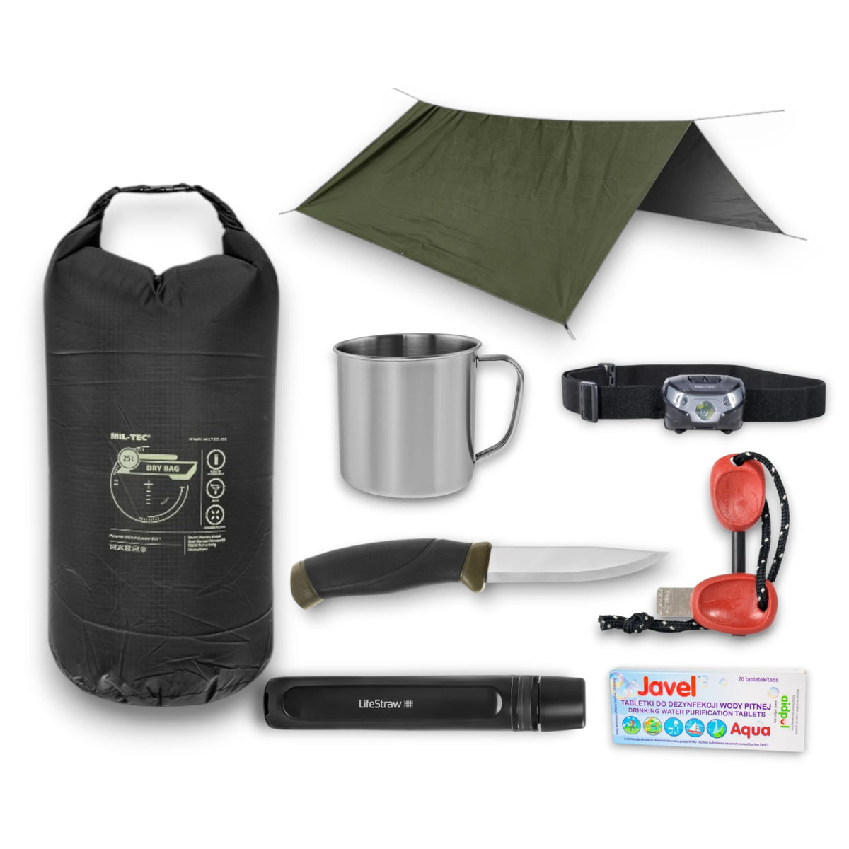 Bushcraft įrangos rinkinys miškui su Badger Outdoor tentu, Morakniv peiliu, FireSteel ugnies skeltuvu, LifeStraw vandens filtru, Javel Aqua vandens dezinfekavimo tabletėmis, Mil-Tec sausmaišiu, plieniniu puodeliu ir galvos prožektoriumi | TaktikaPro