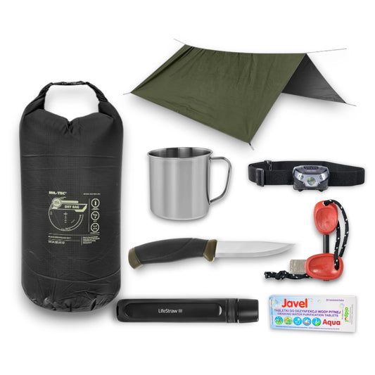Bushcraft įrangos rinkinys miškui su Badger Outdoor tentu, Morakniv peiliu, FireSteel ugnies skeltuvu, LifeStraw vandens filtru, Javel Aqua vandens dezinfekavimo tabletėmis, Mil-Tec sausmaišiu, plieniniu puodeliu ir galvos prožektoriumi | TaktikaPro