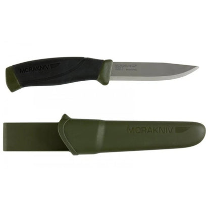 Morakniv Companion nerūdijančio plieno peilis ir karinės žalios spalvos dėklas stovyklavimui | TaktikaPro
