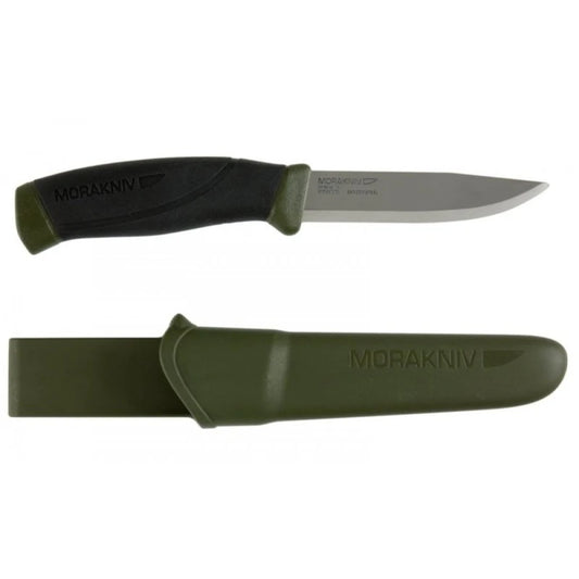 Morakniv Companion nerūdijančio plieno peilis ir karinės žalios spalvos dėklas stovyklavimui | TaktikaPro