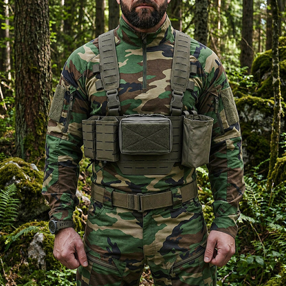 Šaulio sistema S1 žemo profilio. Susidedanti iš Direct action warwick slick liemenės, speed reload dėtuvių dėklo, matuza tactical mažojo administratoriaus ir tuščių dėtuvių dėklo